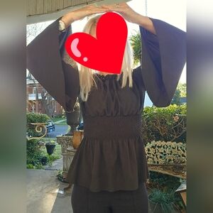 Black Smocked Waist Peasant Blouse